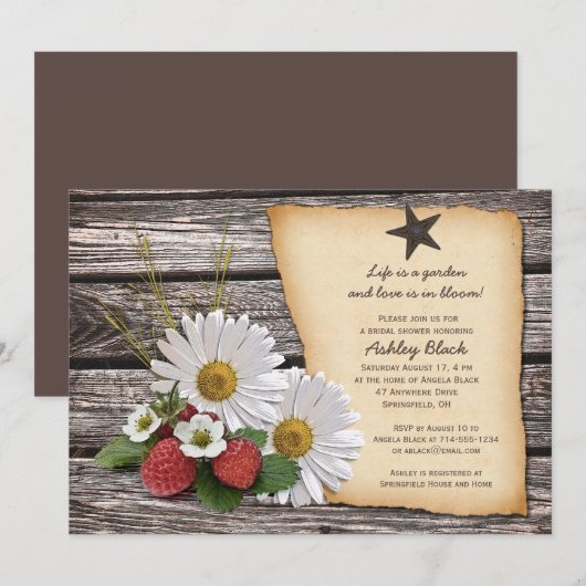Invitation Rustic Daisy Strawberry Bridal (Devant / Derrière)