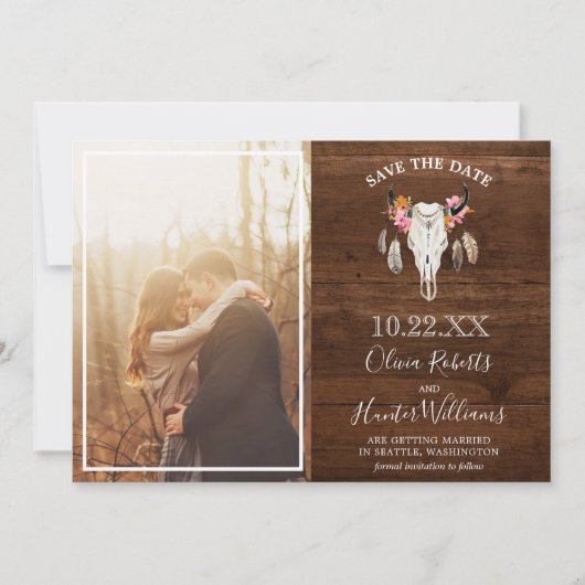 Invitation Rustic Dark Wood Antler Photo Enregistrer la date (Devant)