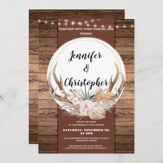 Invitation Rustic Deer Antler Mariage (Devant / Derrière)