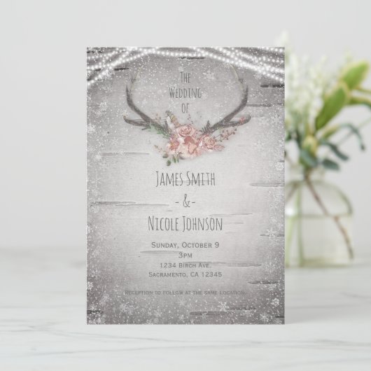 Invitation Rustic Deer Antlers & White Birch Mariage d'hiver (Debout devant)
