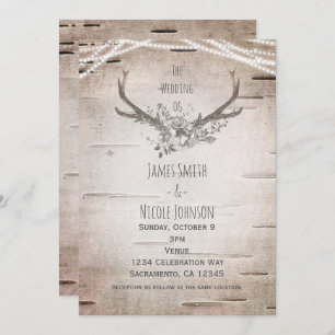 Invitation Rustic Deer Antlers & White Birch Vintage Wedding