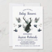Invitation Rustic Deer Head Bleu Floral Baby shower moderne (Devant)