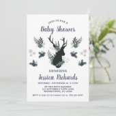 Invitation Rustic Deer Head Bleu Floral Baby shower moderne (Debout devant)