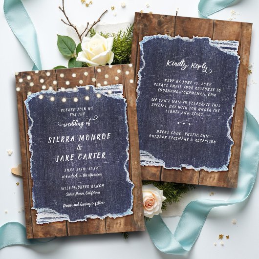 Invitation Rustic Denim Lights Country Cowboy RSVP Wedding