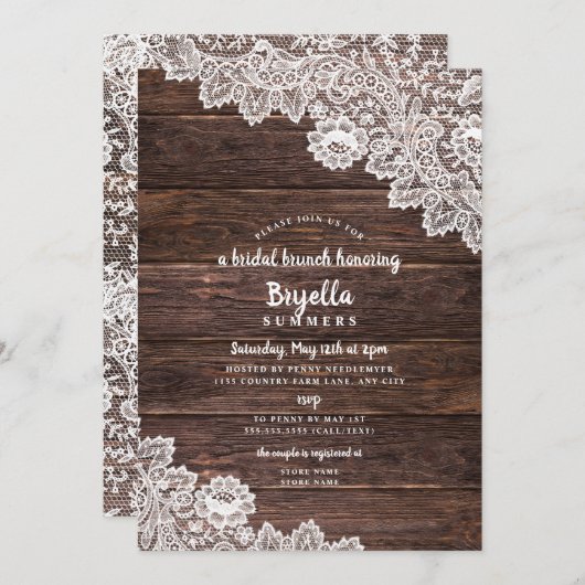 Invitation Rustic dentelle et brunch de bois douche nuptiale (Devant / Derrière)