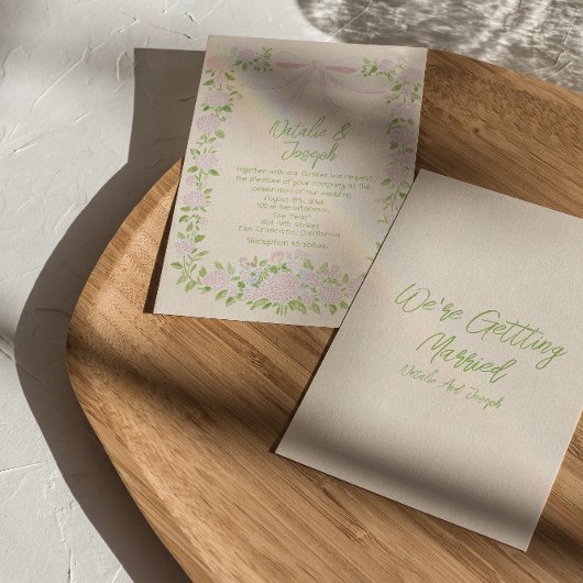 Invitation Rustic Drawn Green Pink Bow Floral Summer Wedding
