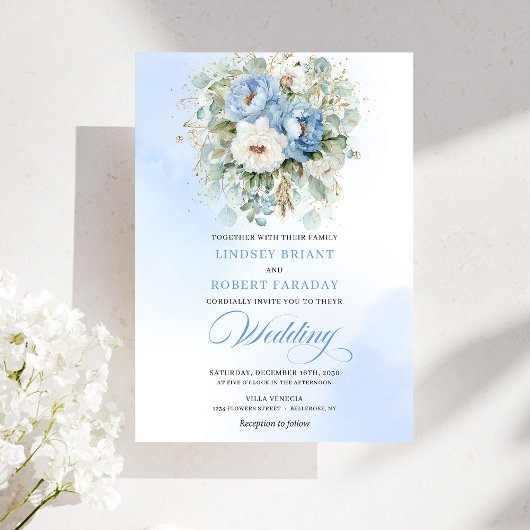 Invitation Rustic Dusty Blue White Peony Eucalyptus Gold Wedd