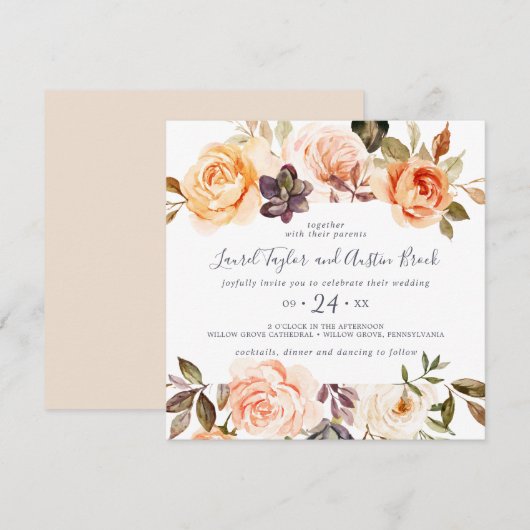 Invitation Rustic Earth Florals Carré Mariage (Devant / Derrière)
