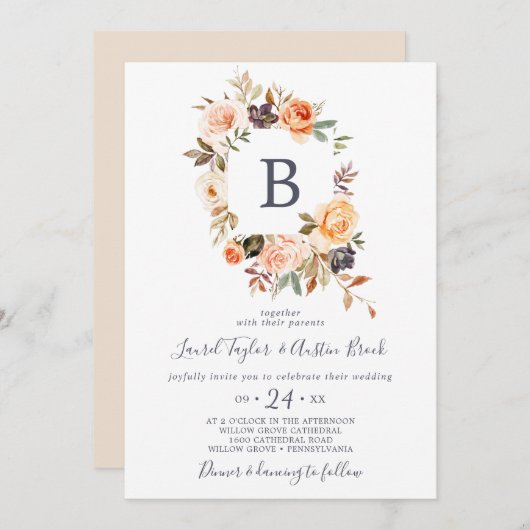 Invitation Rustic Earth Florals Monogramme Mariage (Devant / Derrière)