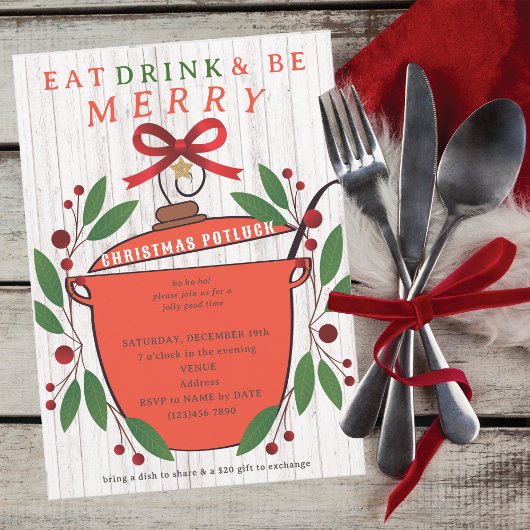 Invitation Rustic Eat Drink and Be Merry Christmas Potluck