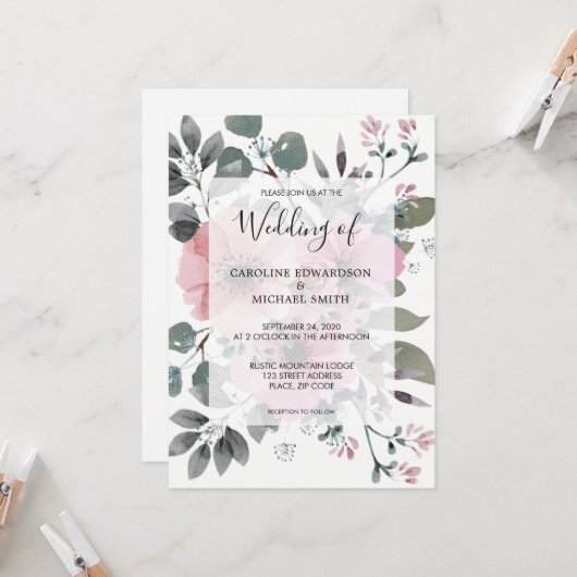 Invitation Rustic elegant botanical watercolor floral Wedding (Devant/Arrière en situation)