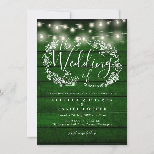 Invitation Rustic Emerald Green String Lights Mariage photo (Devant)