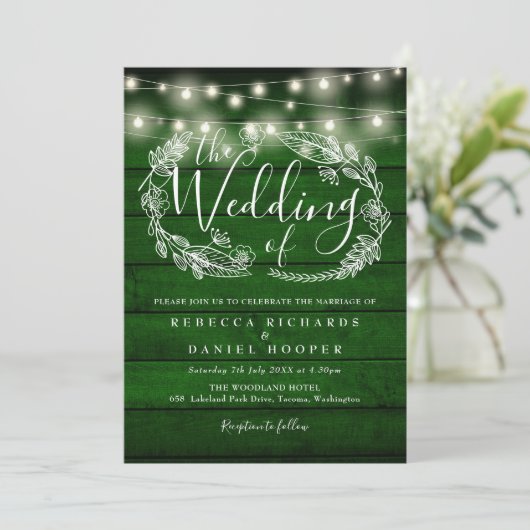 Invitation Rustic Emerald Green String Lights Mariage photo (Debout devant)