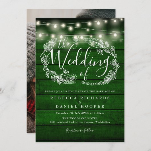 Invitation Rustic Emerald Green String Lights Mariage photo (Devant / Derrière)