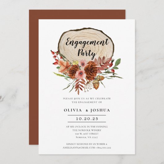 Invitation Rustic Engagement Party Automne Floral Bois Slice (Devant / Derrière)