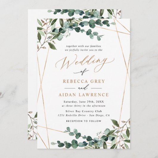 Invitation Rustic Eucalyptus Greenery Gold All-in-One Wedding (Devant / Derrière)