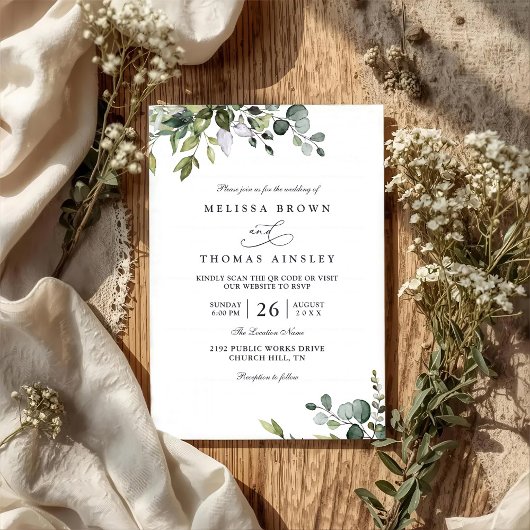 Invitation Rustic Eucalyptus Leaves Greenery QR Code Wedding