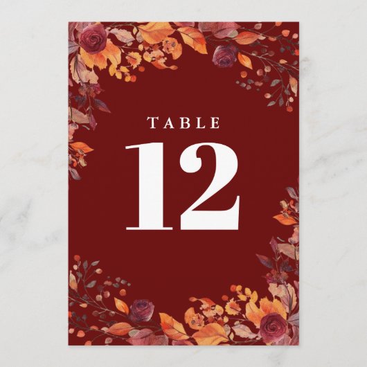 Invitation Rustic Fall Autumn Floral Burgundy Table Number (Devant)