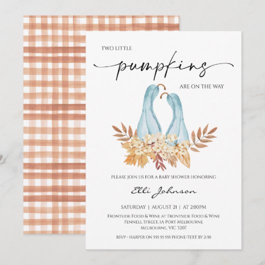 Invitation Rustic Fall Boy Twins Baby shower Citrouille (Devant / Derrière)