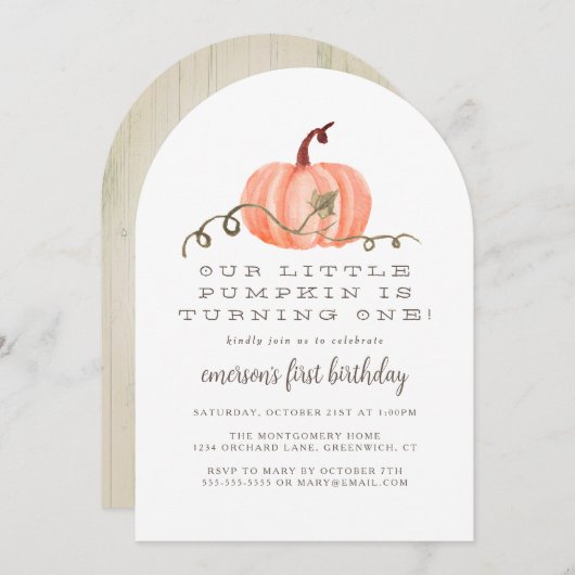 Invitation Rustic Fall Citrouille 1er anniversaire (Devant / Derrière)