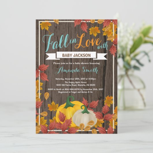 Invitation Rustic Fall Citrouille Aqua Baby shower  invitatio (Debout devant)