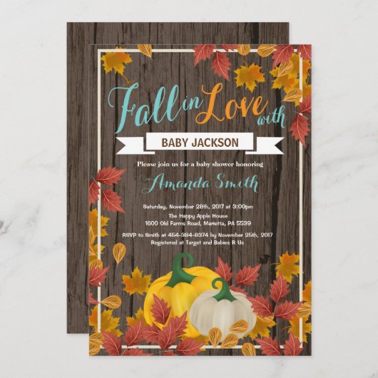 Invitation Rustic Fall Citrouille Aqua Baby shower  invitatio (Devant / Derrière)