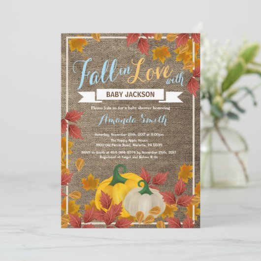 Invitation Rustic Fall Citrouille Boy Baby shower  (Debout devant)