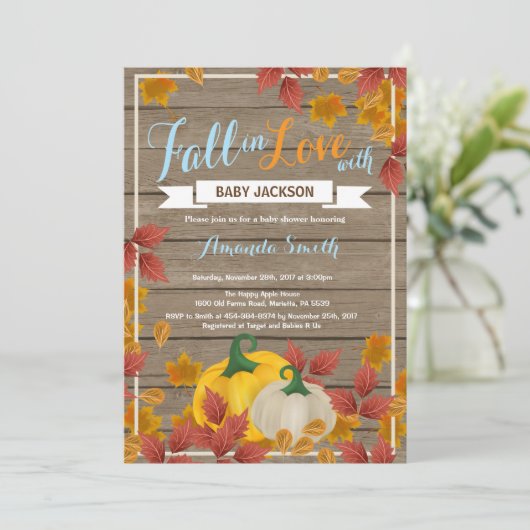 Invitation Rustic Fall Citrouille Boy Baby shower  (Debout devant)