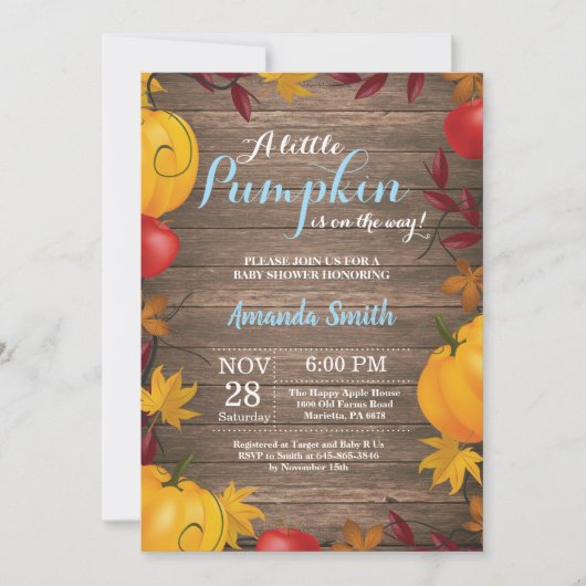 Invitation Rustic Fall Citrouille Boy Baby shower  (Devant)