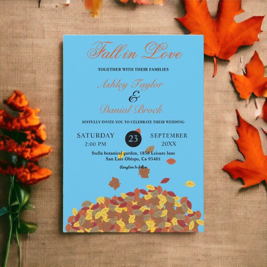 Invitation Rustic Fall Feuilles Sky Blue Automne Floral Maria