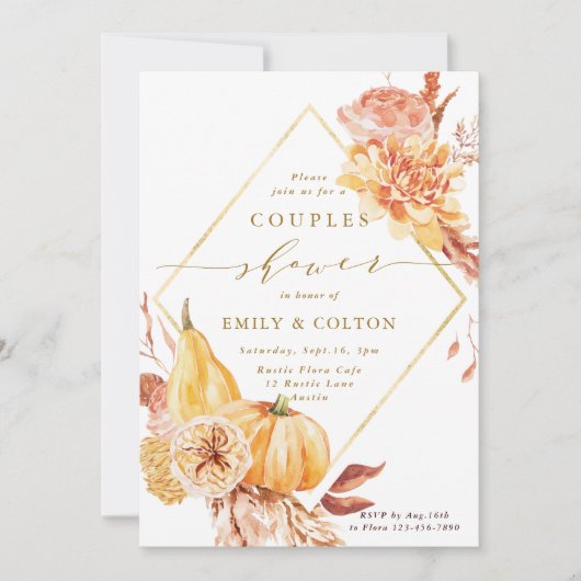 Invitation Rustic Fall Floral Citrouille Gold Couples Douche (Devant)