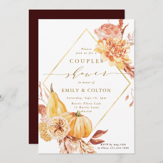 Invitation Rustic Fall Floral Citrouille Gold Couples Douche (Devant / Derrière)