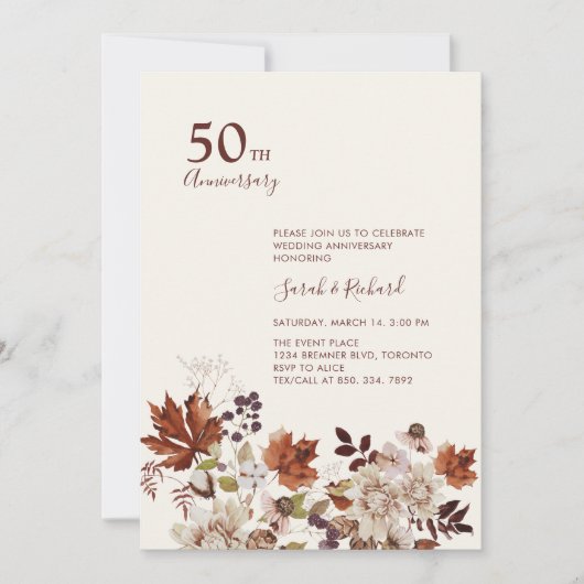 Invitation Rustic Fall Floral Fête Mariage Anniversaire (Devant)