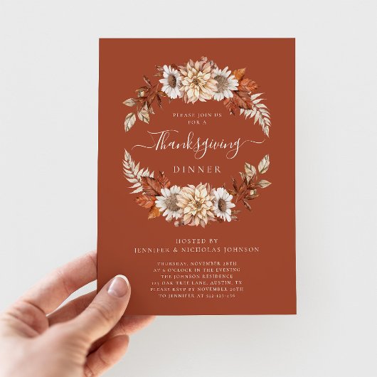 Invitation Rustic Fall Floral Feuilles Thanksgiving Dîner