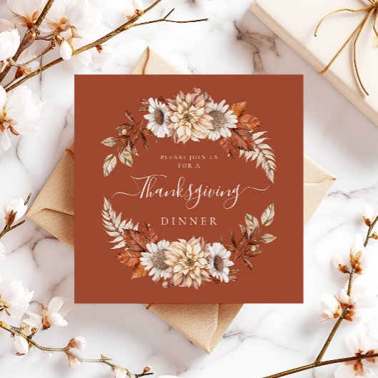 Invitation Rustic Fall Floral Feuilles Thanksgiving Dîner