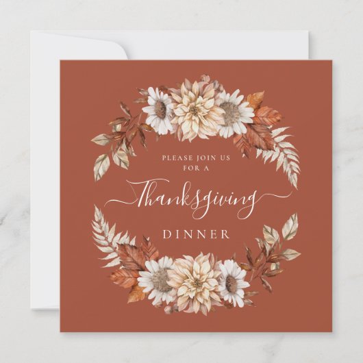 Invitation Rustic Fall Floral Feuilles Thanksgiving Dîner (Devant)