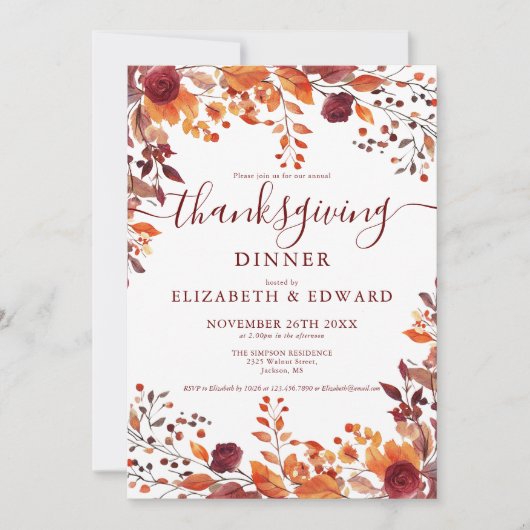 Invitation Rustic Fall Floral Feuilles Thanksgiving Invitatio (Devant)