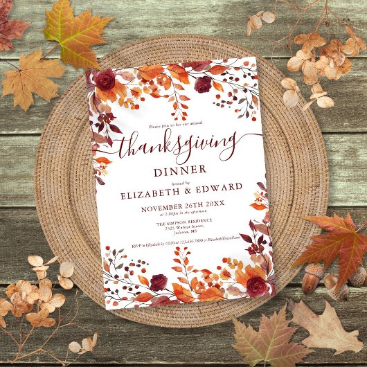 Invitation Rustic Fall Floral Feuilles Thanksgiving Invitatio