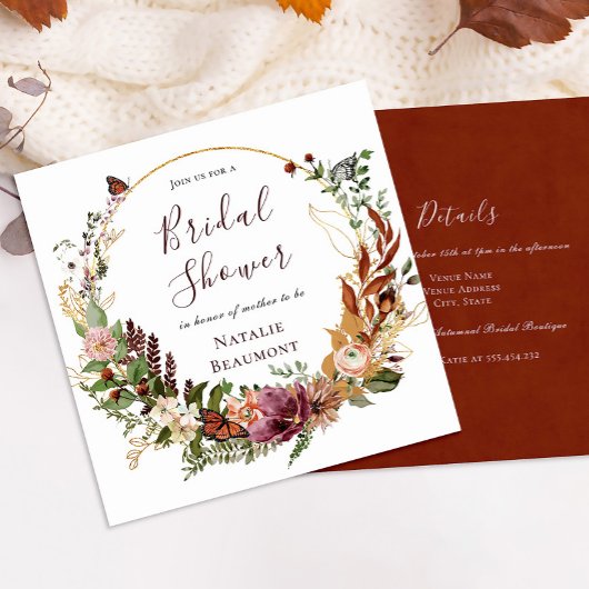 Invitation Rustic Fall Floral & Greenery Carré Fête des marié