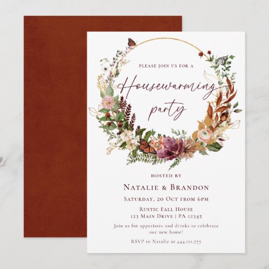 Invitation Rustic Fall Floral Houseécher Party (Devant / Derrière)