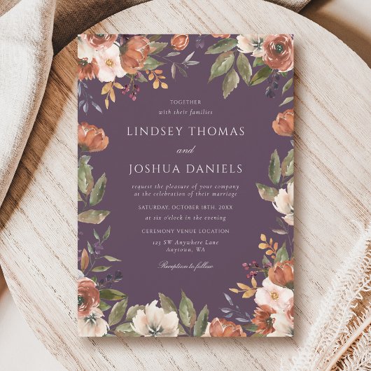 Invitation Rustic Fall Floral Purple Wedding