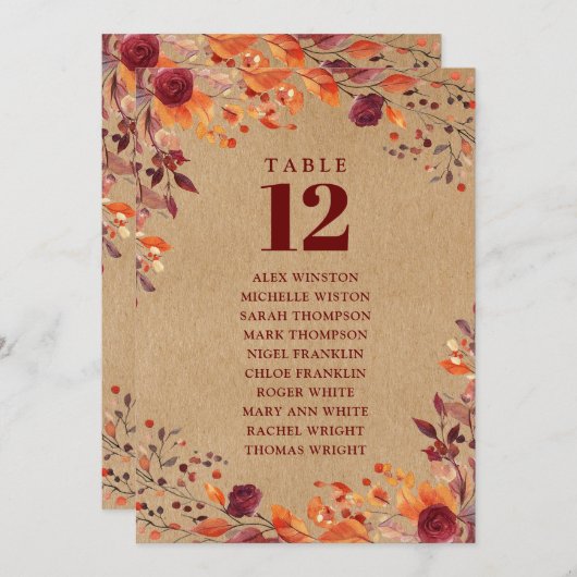 Invitation Rustic Fall Floral Tableau Numéro de siège Graphiq (Devant / Derrière)