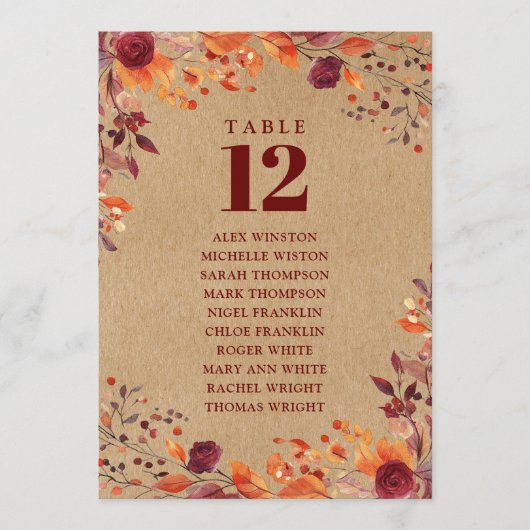 Invitation Rustic Fall Floral Tableau Numéro de siège Graphiq (Devant)
