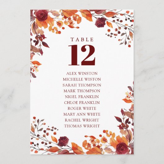 Invitation Rustic Fall Floral Tableau Numéro de siège Graphiq (Dos)
