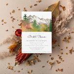 Invitation Rustic Fall Forest Mountain Boho Fête des mariées<br><div class="desc">Rustic Fall Frost Mountain Boho Bridal Shower Invitation - présente une magnifique scène de l'aquarelle, boisée avec des grands, des pins, de hautes montagnes et des feuillages d'automne, écriture manuscrite et typographie moderne. Montré avec terre cuite/rouille au dos de l'invitation, cependant, la couleur peut facilement être changée pour coordonner avec...</div>
