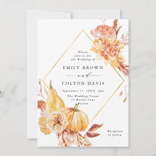 Invitation Rustic Fall Gold Floral Citrouille Mariage (Devant)