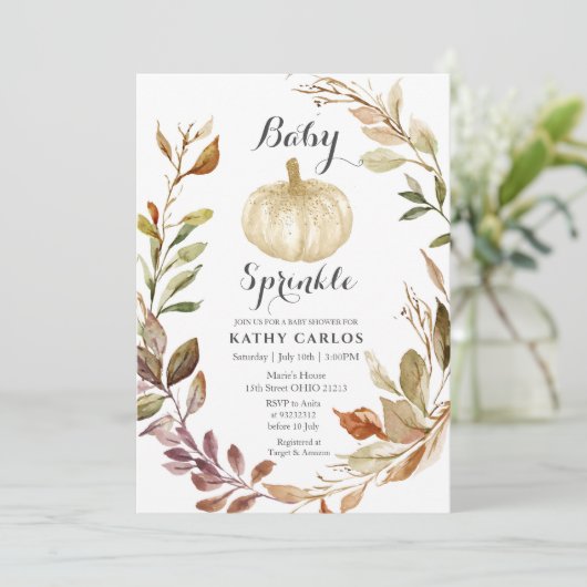 Invitation Rustic Fall Green Citrouille blanc Bébé Sprinkle (Debout devant)