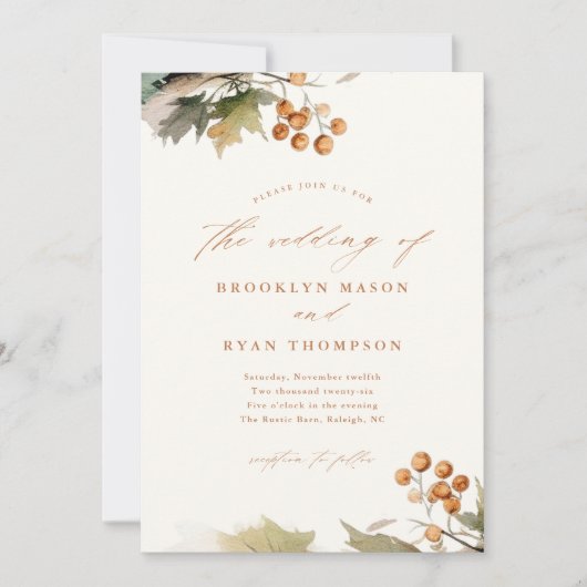 Invitation Rustic Fall Greenery Feuille Foliage Mariage (Devant)