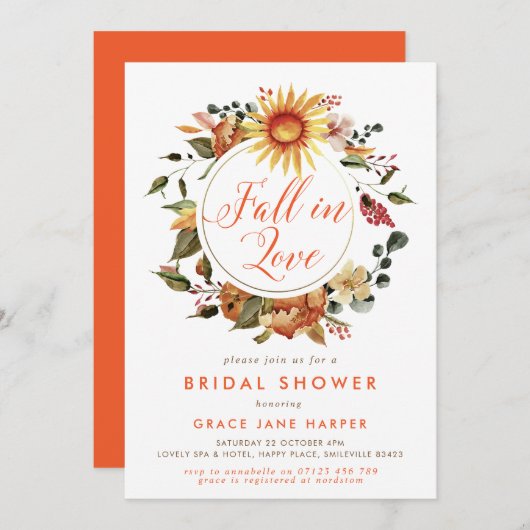 Invitation Rustic Fall in Love Automne Wreath Fête des mariée (Devant / Derrière)