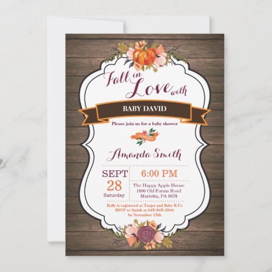 Invitation Rustic Fall in Love Citrouille Baby shower Invitat (Devant)